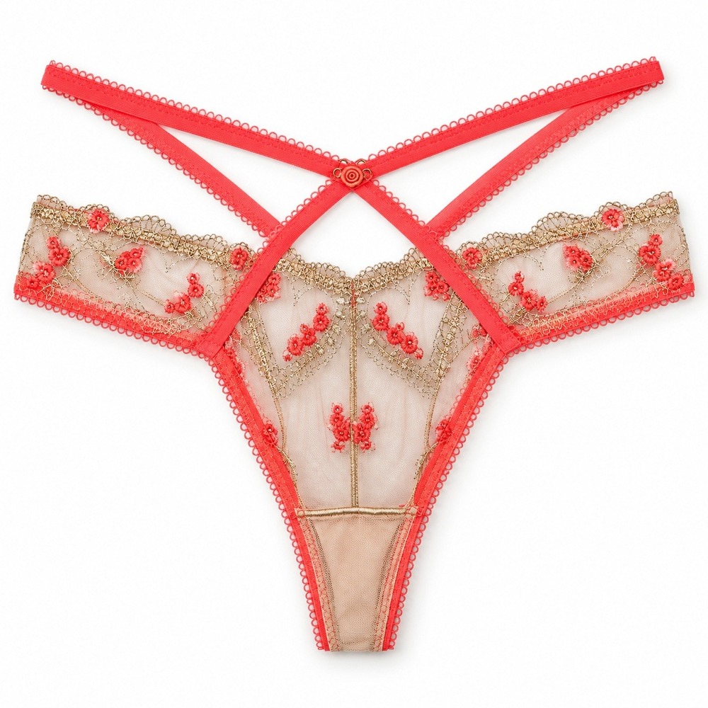 Victoria's Secret Dream Angels Cheekini Women L Coral Gold Floral Strappy Panty